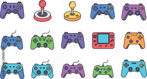 Colorful collection of gaming controllers and retro joystick devices vector illustration set for video game enthusiasts design creative
