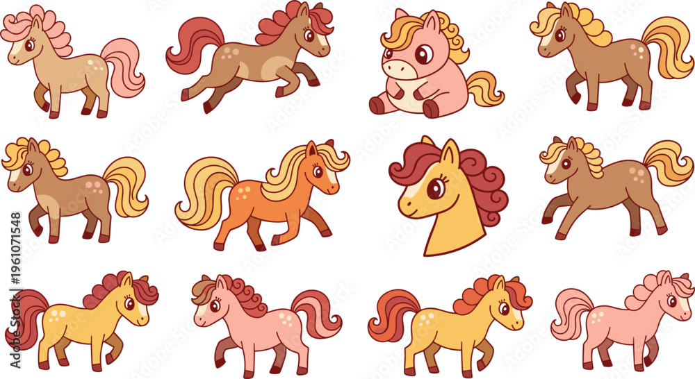 Fototapeta premium Cute cartoon pony characters collection with colorful manes and playful poses vector illustration set for kids design