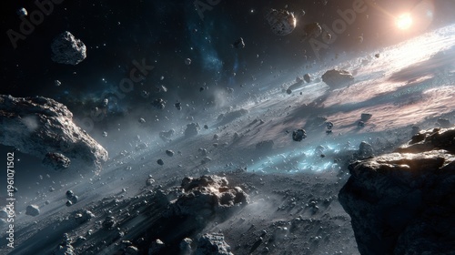 Wallpaper Mural Space universe exploration, fantasy. A vivid, detailed depiction of a cosmic scene. The main subject is a vast expanse of rocky terrain, with numerous asteroids scattered throughout. Torontodigital.ca