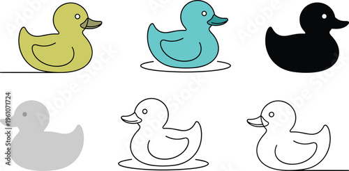 Cute duck icon set with colored outline and silhouette styles featuring floating water bird illustrations for design
