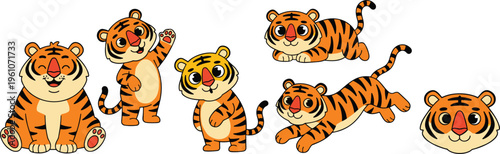 Cute cartoon tiger characters in various poses playful animal vector illustration collection for kids design projects