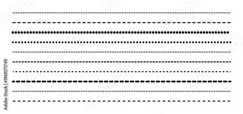 Different types of dashed line or dotted border divider set vector stock illustration. Dashed thin lines set. Black straight dotted stripe collection. Dotted line simple shape vector.
