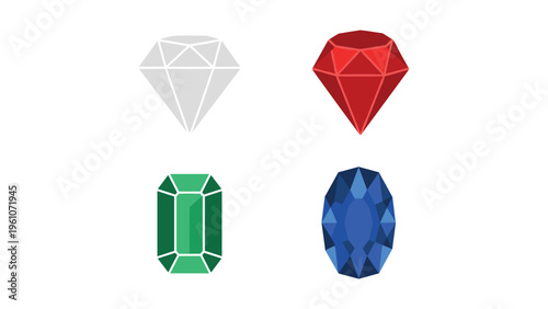 Four stylized geometric gemstones in different colors and shapes displayed together