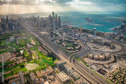 Wallpaper Mural Dynamic aerial tour showcases supertall skyscrapers, and futuristic cityscape blending golden sands with glittering waterways. Torontodigital.ca