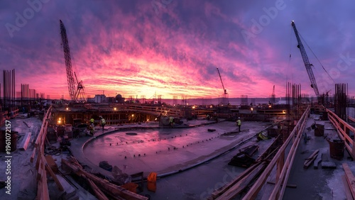 Hyper‑realistic low‑angle image of builders bracing a bucket as concrete gushes out, droplets catching orange light against a violet background