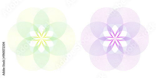 Minimalist geometric flower mandalas, pastel green and purple floral symmetry patterns, ethereal sacred geometry icons for wellness and yoga branding isolated on Transparent Background