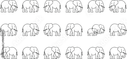 Elephant outline icon set featuring different poses family groups walking scenes and minimal wildlife animal line illustrations