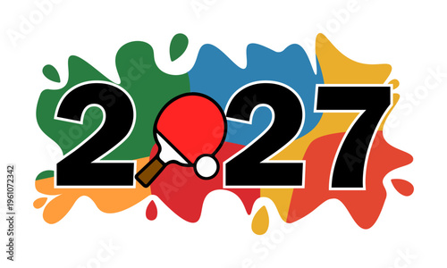 Vibrant illustration of 2027 with colorful paint splashes and ping pong elements