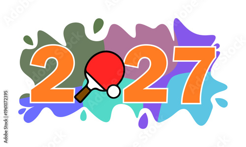 Vibrant illustration of 2027 with a ping pong paddle and ball on colorful splashes