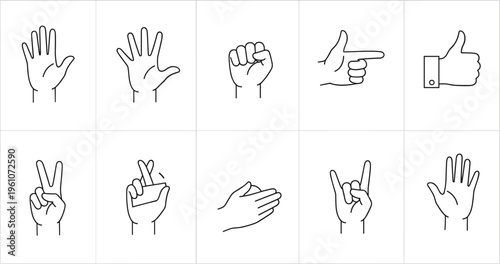 Hand gesture icons collection including counting pointing thumbs up and sign language symbols vector illustration set design