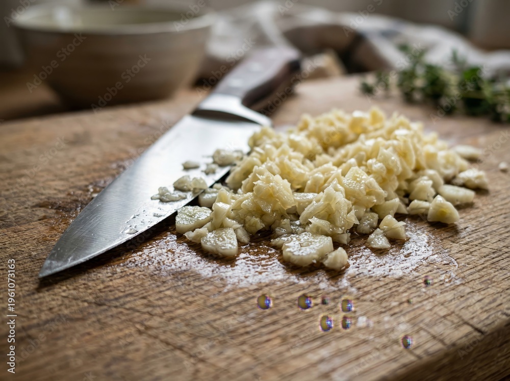 Fototapeta premium Mincing fresh garlic with a chef knife on a rustic board
