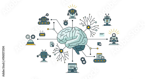Artificial intelligence concept with brain connected to various robots on white