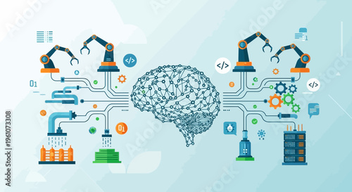 Artificial intelligence concept with robotic arms and a digital brain