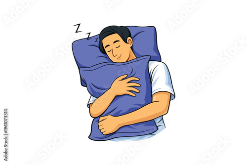 Sleepy man embrace with a blue pillow vector illustration