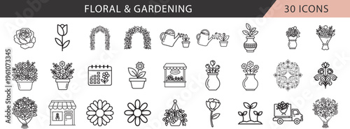 garden icon set line floral gardening symbol collection