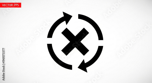 A vector graphic illustration of a circular arrow symbol with a cross in the center, representing cancel or reject in a modern flat design style.