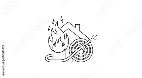 Fire hose extinguishing house flames.