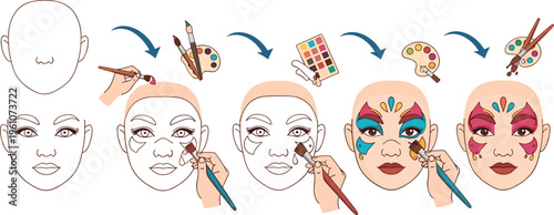 Face Painting Tutorial Steps with Brushes, Palette and Creative Makeup Process Guide Vector Illustration