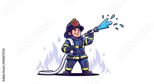 Firefighter spraying water from hose.