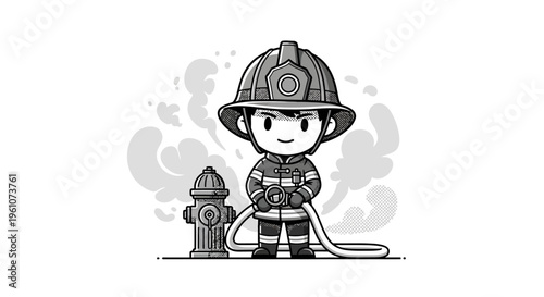 Little fireman wearing firefighter helmet.