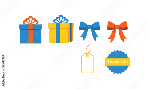 Colorful gift icons and thank you badge for festive and appreciation themes