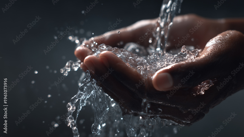 Fototapeta premium Close-up of hands cupping flowing water, droplets splashing around, for themes about clean drinking water, hydration and health, environmental conservation, sustainability, personal hygiene