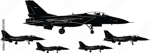 Fighter jet landing silhouette vector illustration, military aircraft collection, combat aviation planes with landing gear, air force fleet design, black jets isolated on white