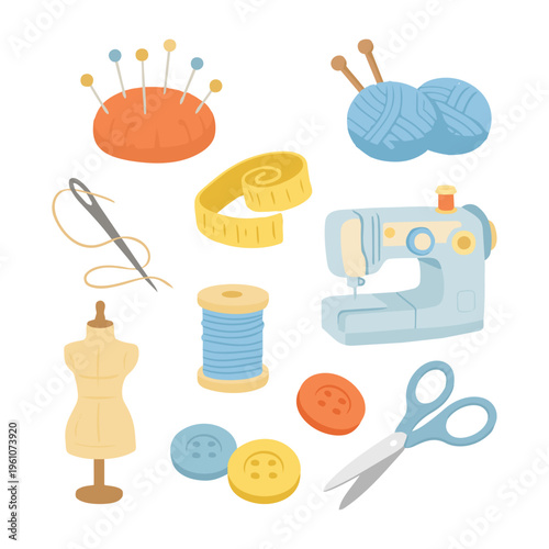 Sewing and Craft Tools Illustration Set, DIY Handcraft Icon Collection