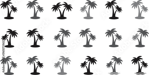 Palm tree silhouette icon set featuring tropical island trees in black and gray minimal summer nature illustrations collection
