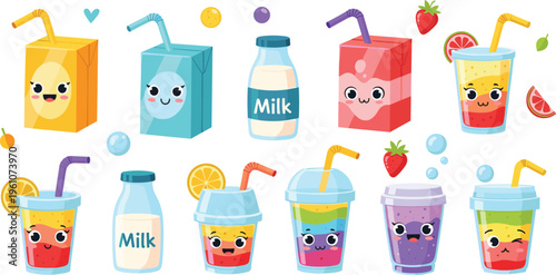 Cute Cartoon Drinks Set with Juice Boxes, Milk Bottles and Smoothie Cups Funny Beverage Characters Vector Illustration