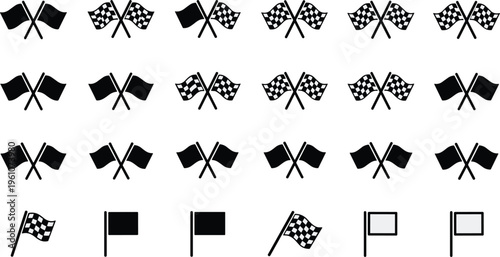 Racing flag icon set featuring crossed checkered flags and solid finish symbols for motorsport competition design collection
