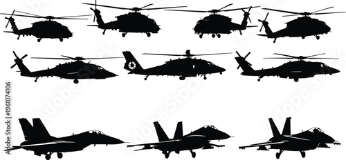 Military aircraft silhouettes collection, helicopter and fighter jet vector set, aviation defense technology, air force fleet illustration, isolated black shapes, transportation design