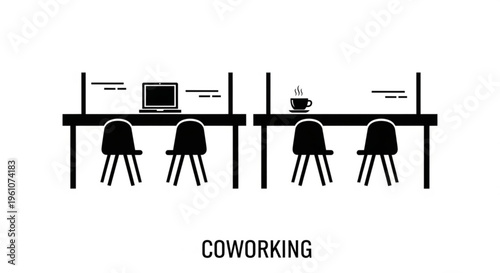A minimalist vector graphic illustration of a coworking space with desks and chairs