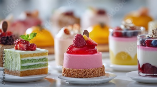 Assorted desserts with fruits and cream.