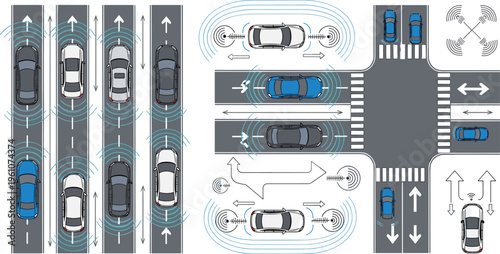 Autonomous Driving System Infographic with Self Driving Cars Sensors Radar Signals and Smart Traffic Intersection Vector Illustration