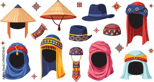 Traditional Cultural Headwear Set with Asian Hats, Turbans, Scarves and Ethnic Accessories Vector Illustration