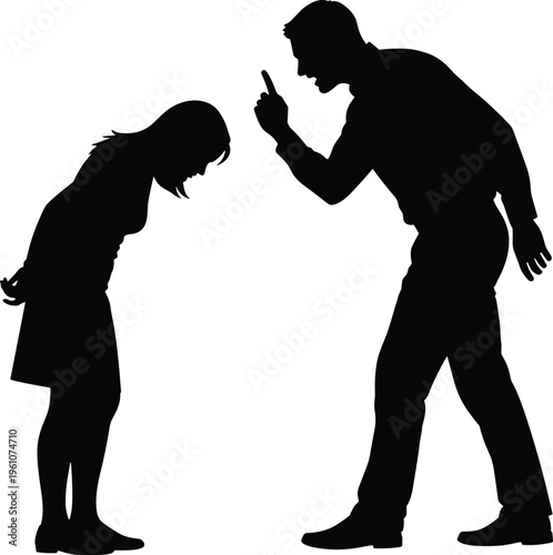 Black silhouette, of a man shouting and pointing at a woman looking down, showing domestic conflict, aggression, and relationship problems, isolated.