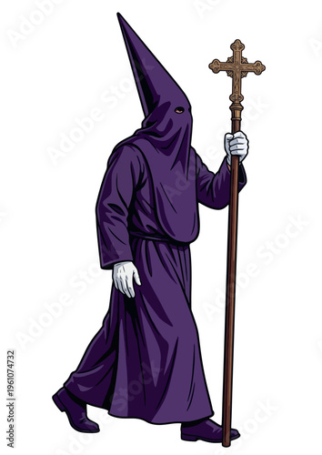 Spanish Penitent Nazareno in Purple Tunic walking with Cross. Semana Santa. Procesión