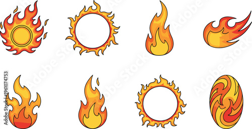 Set of fire flame icons including burning shapes and circular blaze elements vector illustration collection for design