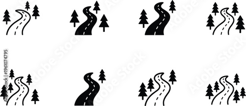 Set of winding road icons with trees and curves minimalist vector illustration collection for travel and nature design