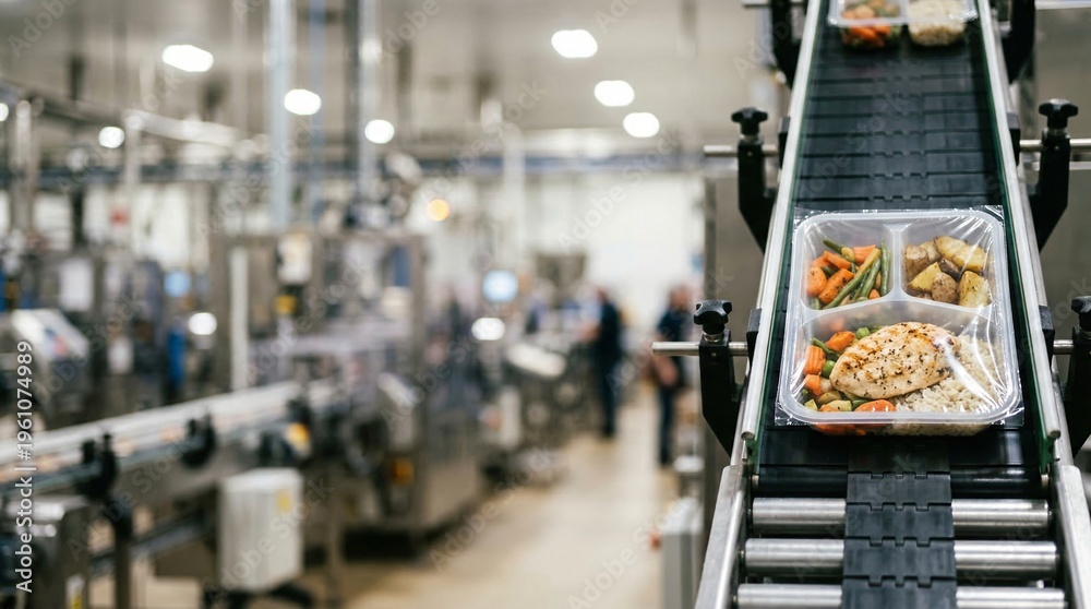 Obraz premium Packaged meals with chicken and vegetables move along an industrial conveyor belt