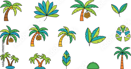 Tropical palm tree and leaf icon set featuring colorful nature elements summer plants and exotic botanical illustrations collection
