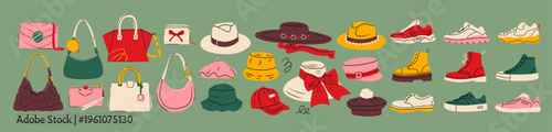 Various colorful female Bags, Hats, Shoes. Handbag, shopper, clutch, wallet, purse, cap, sneakers, boots. Fashionable clothes, accessories. Hand drawn trendy Vector illustration. Isolated elements