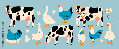 Big Farm set. Different chicken, rooster, eggs in nest, geese, cows. Farm birds, Easter, organic eco food concept. Isolated design elements. Cute domestic animals. Hand drawn Vector illustration