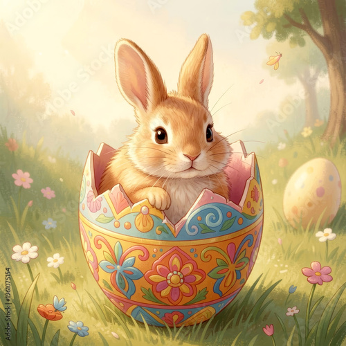 Easter bunny hatching from decorative egg in meadow