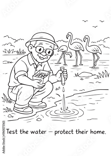 coloring book page grandfather testing the water to protect the flamingos home
