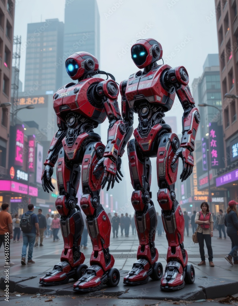 Naklejka premium Retro-Futuristic Robots: 1950s Factory Machinery Reimagined as Cybernetic Beings in Neon City