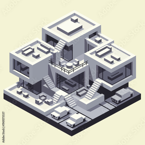 Isometric view of a modern, multi-level residential building with clean lines, balconies, and surrounding vehicles.