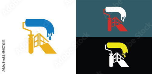 	
Painting Logo Design Letter R with Roller and Building Sign. Letter R Logo Design	
