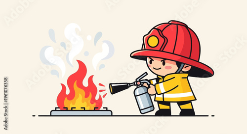 Little fireman in red helmet fighting fire.